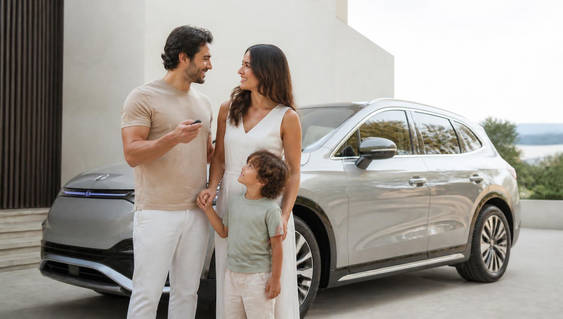 Família diante de um SUV em uma experiência VIP Auto
